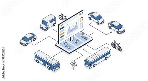 Isometric Smart City Mobility and Logistics Management System Illustration. Connected Transportation Network with Data Dashboard, Cars, Buses, and Bikes.