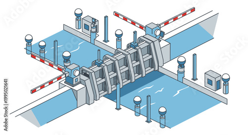 Isometric Industrial Water Gate and Canal Lock Infrastructure Illustration