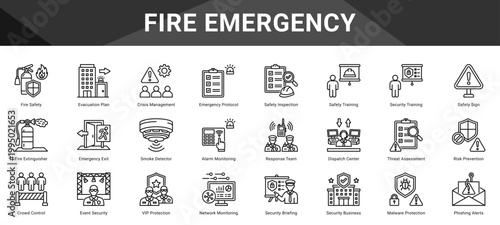FIRE EMERGENCY  Icon set collection. Vector icon pack featuring thematic icons for your presentations or business.