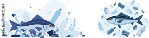 Ocean plastic pollution vector illustration, fish swimming in sea waste and microplastics, environmental ecological disaster concept art