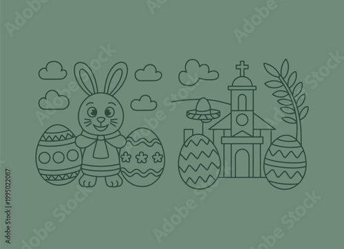 Easter bunny eggs church palm branch outline with building religious isolated