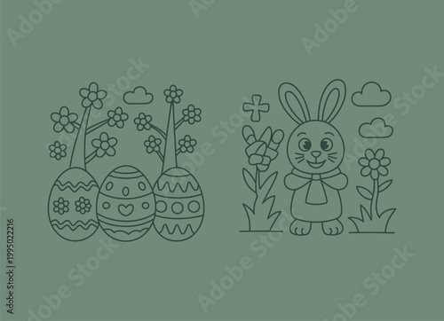 Easter bunny with flowers and eggs outline illustration, friendly