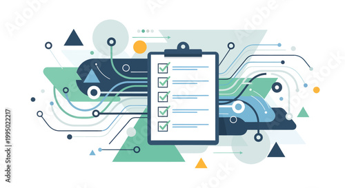 A clipboard with checklist and abstract background.