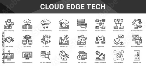 CLOUD EDGE TECH  Icon set collection. Vector icon pack featuring thematic icons for your presentations or business.