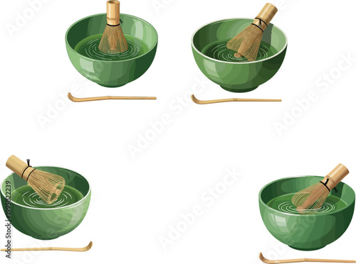 Traditional Japanese matcha green tea preparation set with bamboo whisk chasen and scoop in ceramic bowls for tea ceremony cafe design