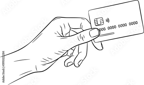 Hand Drawn Hand Holding Credit Card Black and White Illustration in Minimal Line Art Style Design Fintech vector silhouette illustration isolated on white background 
