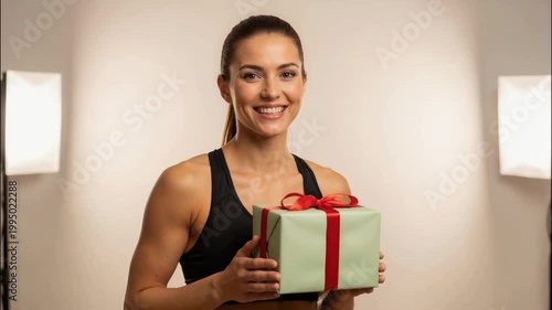 Smiling athletic woman in black sports bra holds gift box. Happy fit female posing with present in photo studio with lights