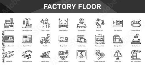 FACTORY FLOOR  Icon set collection. Vector icon pack featuring thematic icons for your presentations or business.