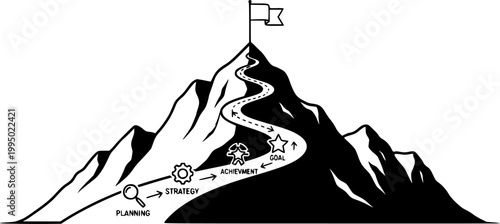 journey concept vector illustration of a mountain with a path and a flag at the top, showing the route to the peak, representing business journey, planning, goal achievement, strategy, 
