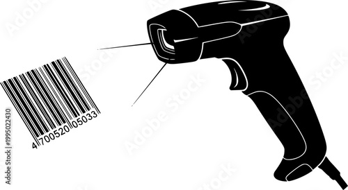 Product code scanner tool icon in silhouette pictogram style on white background, handheld barcode scanning device symbol, retail POS technology icon, simple flat monochrome pictogram isolated 