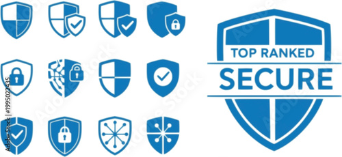 Blue vector isolated shield icons set, privacy safety shield icons on white background, top ranked secure safety shield silhouettes Fintech vector silhouette illustration isolated on white background 