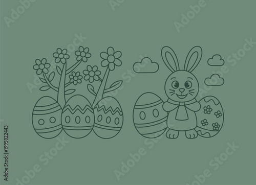 Easter bunny holding egg with flowers and clouds outline decorated minimalist