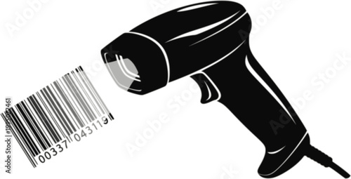 Product code scanner tool icon in silhouette pictogram style on white background, handheld barcode scanning device symbol, retail POS technology icon, simple flat monochrome pictogram isolated 