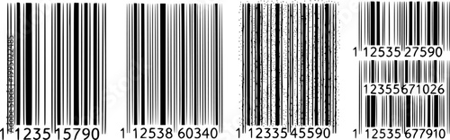 Set of four hand-drawn barcode illustrations with various artistic styles including continuous line, hatched texture, and stippled dots for product identification concepts.