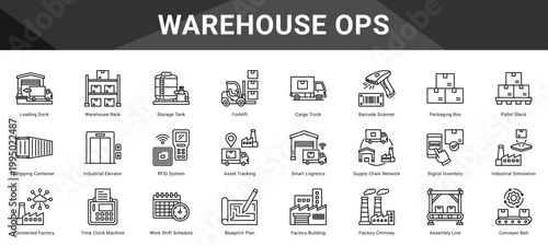 WAREHOUSE OPS  Icon set collection. Vector icon pack featuring thematic icons for your presentations or business.