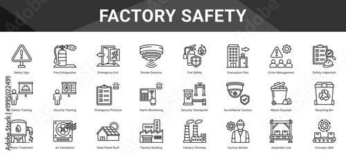FACTORY SAFETY  Icon set collection. Vector icon pack featuring thematic icons for your presentations or business.