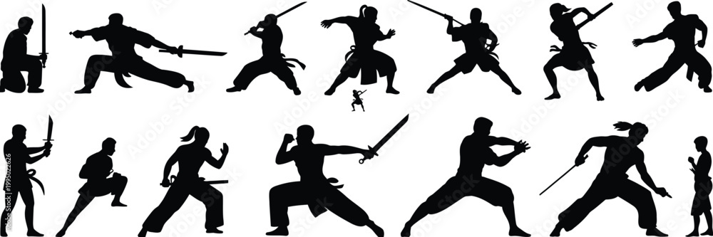 Fototapeta premium Silhouettes of martial artists in dynamic sword fighting poses on white background, martial arts samurai