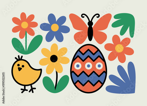 Colorful easter scene with chick painted egg flowers butterfly, hand drawn