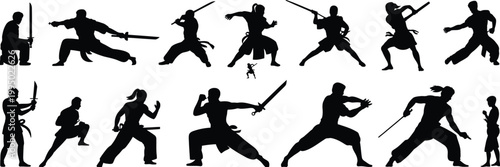Silhouettes of martial artists in dynamic sword fighting poses on white background, martial arts samurai