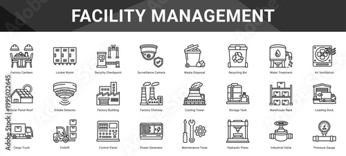 FACILITY MANAGEMENT  Icon set collection. Vector icon pack featuring thematic icons for your presentations or business.