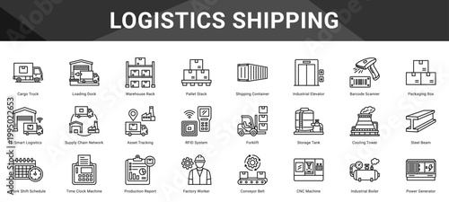 LOGISTICS SHIPPING  Icon set collection. Vector icon pack featuring thematic icons for your presentations or business.