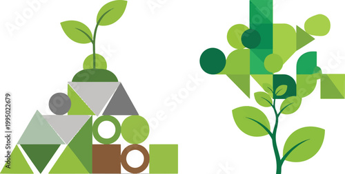 Geometric green plant growth concept, abstract nature sprout from mosaic shapes, sustainable development and environmental ecology vector illustration