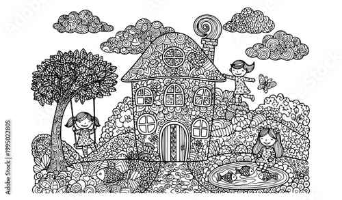 SEO Title
Antistress house and children coloring book illustration doodle zentangle freehand sketch vector
