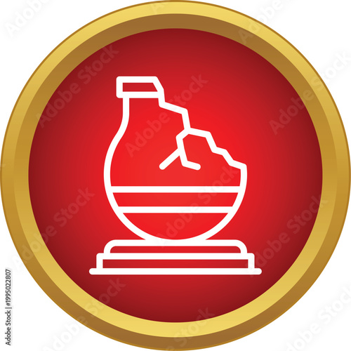 Broken archaeological pottery vase outline icon in a golden bordered red circle