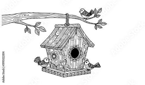 SEO Title
Cute bird house doodle zentangle coloring page antistress art therapy illustration for adults and kids