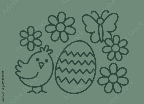 Dotted line art of easter elements: chick egg flowers butterfly with hand drawn