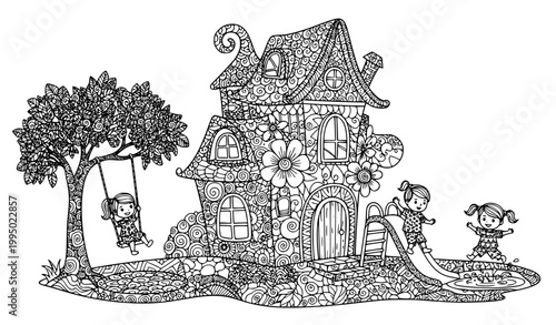 SEO Title
Antistress house and children coloring book illustration doodle zentangle freehand sketch vector