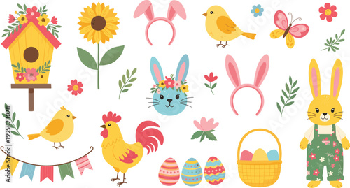 Easter spring elements set with bunny chick eggs flowers basket birdhouse and festive decorations cute vector illustration collection