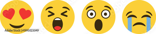 Emoji faces set with love laughing surprised and crying expressions social media emoticons cartoon vector illustration collection