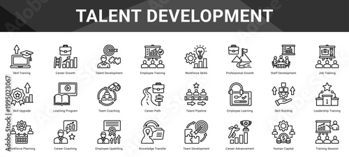 TALENT DEVELOPMENT  Icon set collection. Vector icon pack featuring thematic icons for your presentations or business.