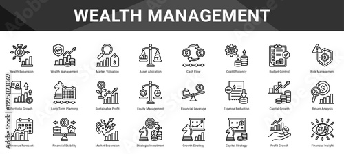 WEALTH MANAGEMENT  Icon set collection. Vector icon pack featuring thematic icons for your presentations or business.