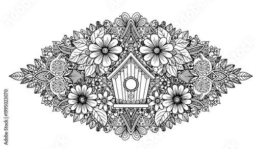 SEO Title
Decorative bird house coloring page zentangle doodle art therapy outline illustration printable