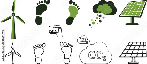 Green energy icons set with wind turbine and solar panels, carbon footprint and CO2 emission symbols, renewable ecology vector elements