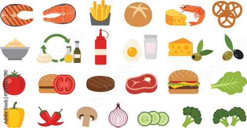 Food ingredients and meals collection with seafood meat vegetables burger fries cheese and cooking items vector illustration set