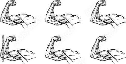 Muscular arm flexing biceps set strong hand muscle illustration fitness strength symbol black and white vector collection