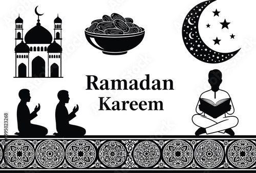 Ramadan Kareem illustration with mosque crescent moon praying people and Islamic elements traditional black and white vector design