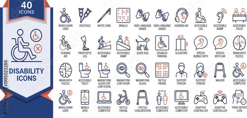 Various disability icons are shown on a white background for accessibility purposes.
