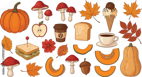 Autumn food and nature elements set with pumpkin mushrooms leaves coffee bread and seasonal cozy vector illustration collection