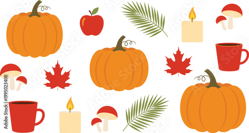 Autumn pumpkin set with fall leaves mushrooms candle coffee cup apple cozy seasonal cartoon vector illustration collection