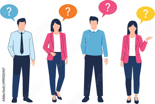 Business people with question marks thinking confused asking questions communication problem solving concept vector illustration team
