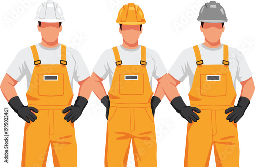 Construction workers set wearing safety helmets gloves and overalls builder uniform industrial labor cartoon vector illustration collection