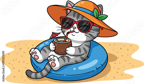 Cute cat relaxing on inflatable beach float drinking coconut juice wearing sunglasses and summer hat cartoon vector illustration