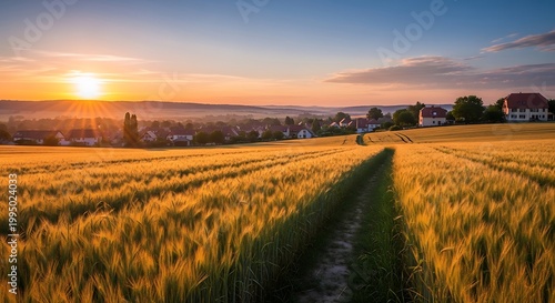 Golden wheat field sunset.