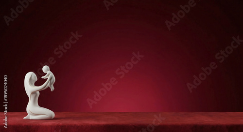 White sculpture of mother holding baby on red background with mother s day
