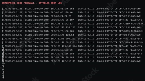 Enterprise edge firewall iptables drop log terminal actively blocking unauthorized network traffic and cyber threats