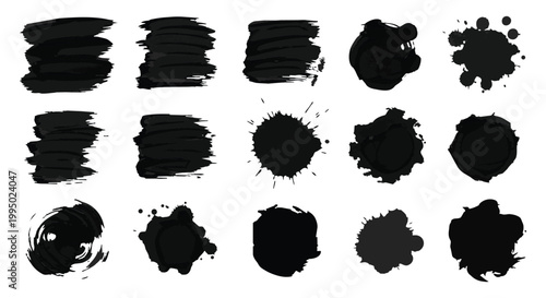 Diverse black brush strokes artistic textures and paint brush effects for design